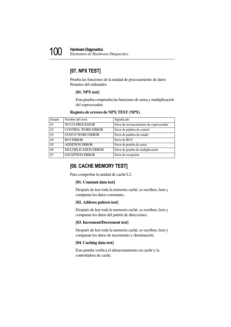 Npx test, Cache memory test | Toshiba Magnia 3310 User Manual | Page 105 / 135