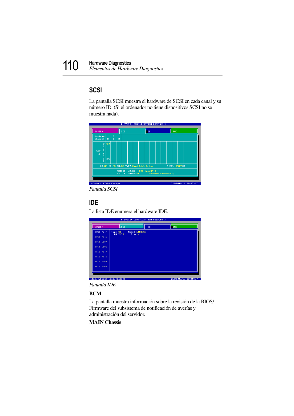 Scsi, Pantalla scsi, Pantalla ide | Toshiba Magnia 3310 User Manual | Page 115 / 135