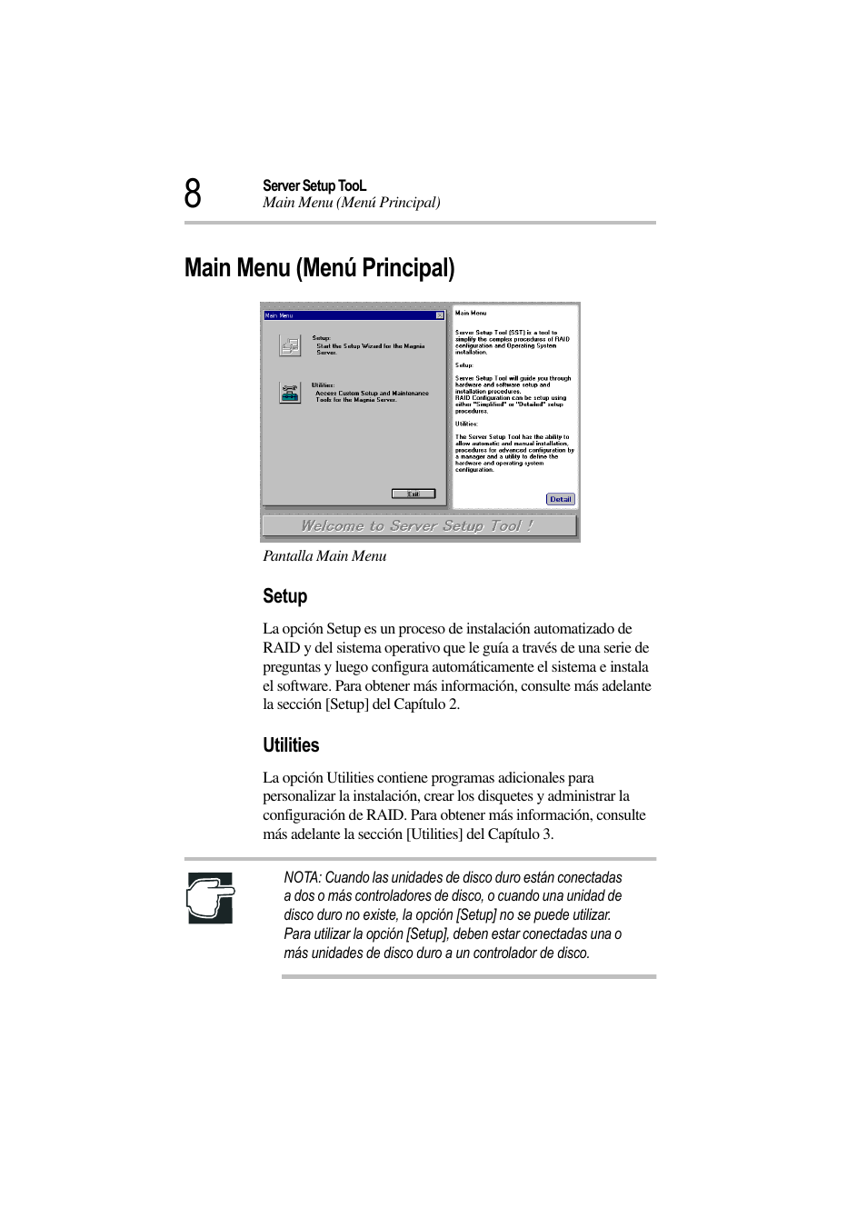 Main menu (menú principal), Pantalla main menu, Setup | Utilities | Toshiba Magnia 3310 User Manual | Page 13 / 135