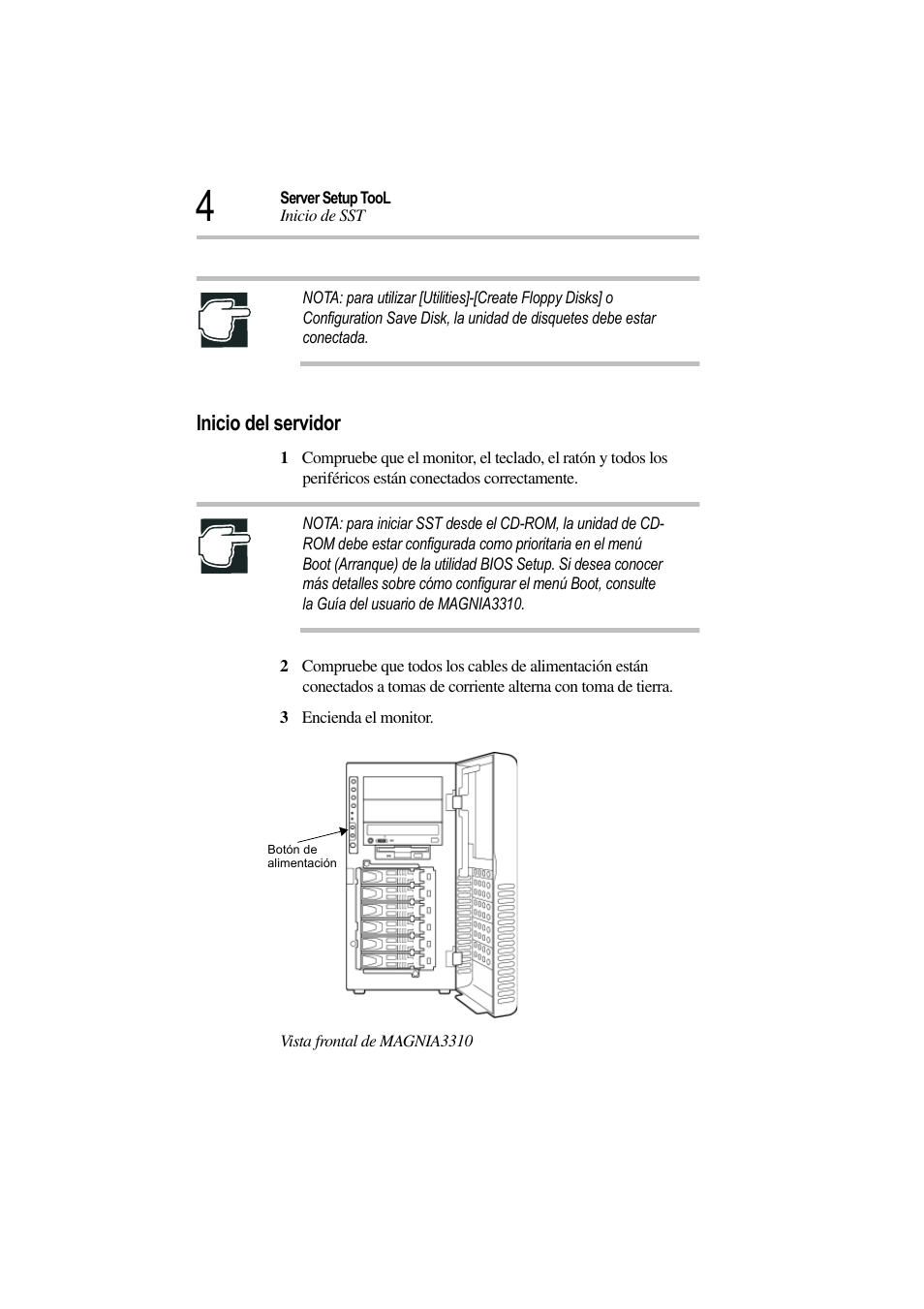 Inicio del servidor, 3 encienda el monitor, Vista frontal de magnia3310 | Toshiba Magnia 3310 User Manual | Page 9 / 135