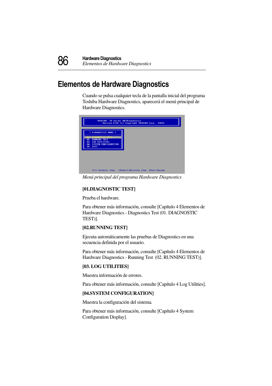 Elementos de hardware diagnostics, Menú principal del programa hardware diagnostics | Toshiba Magnia 3310 User Manual | Page 91 / 135