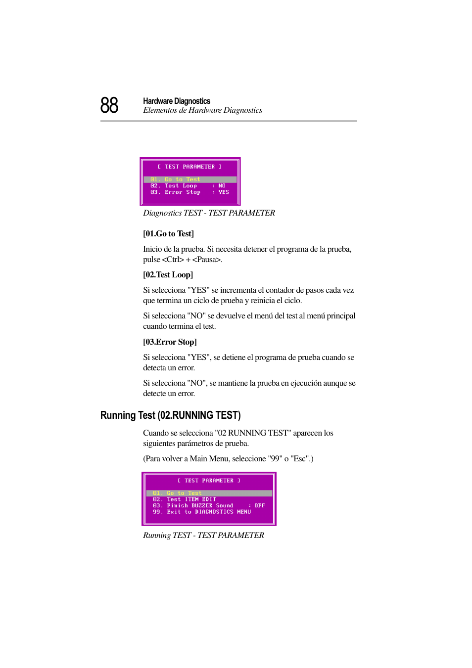 Diagnostics test - test parameter, Running test (02.running test), Running test - test parameter | Toshiba Magnia 3310 User Manual | Page 93 / 135