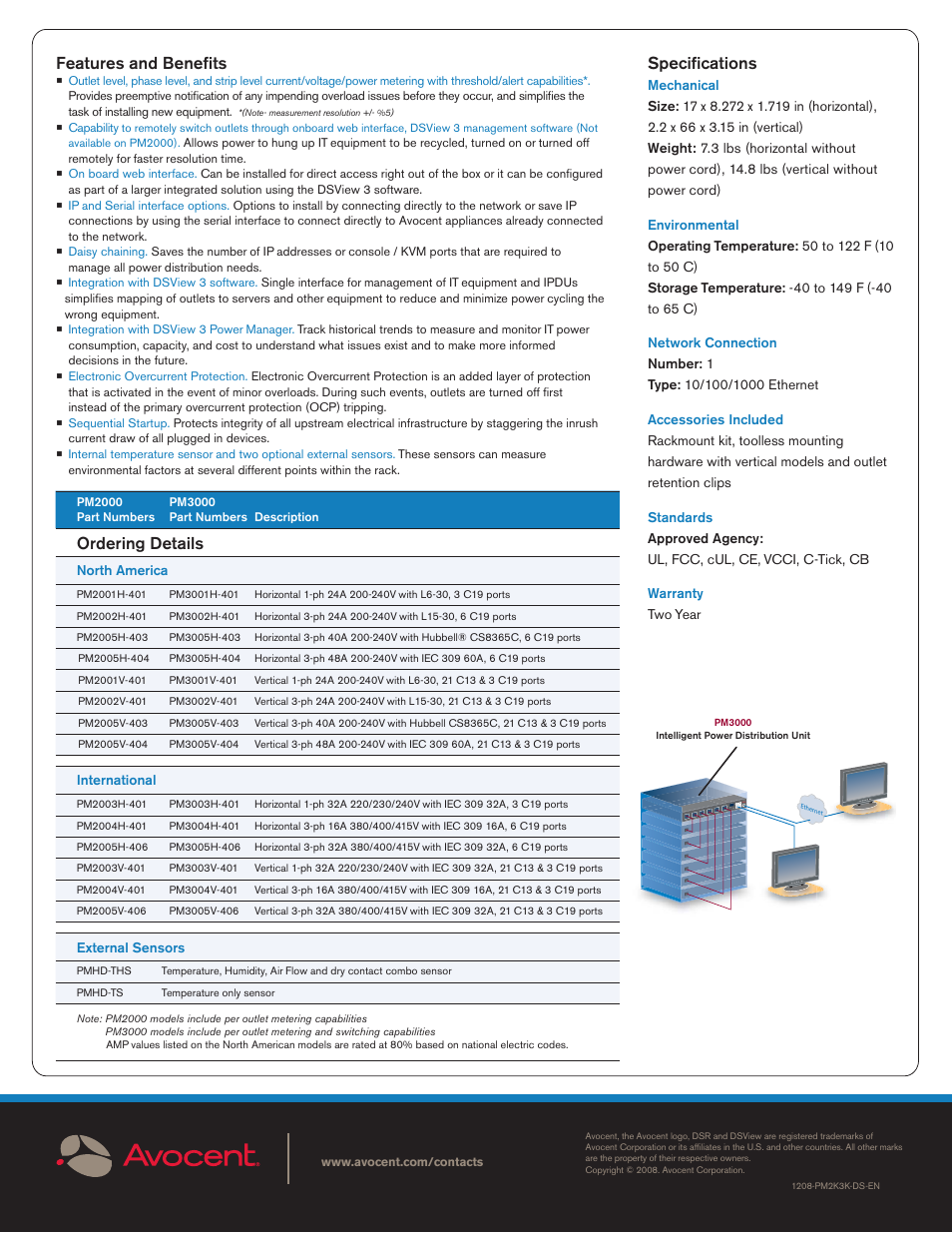 Specifi cations, Features and benefi ts, Ordering details | Avocent PM2000 User Manual | Page 2 / 2