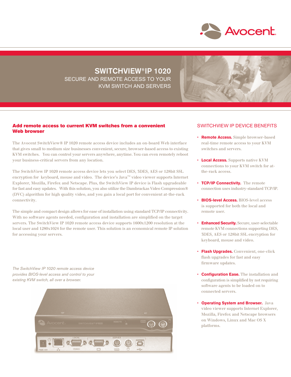 Avocent SwitchView IP 1020 User Manual | 2 pages