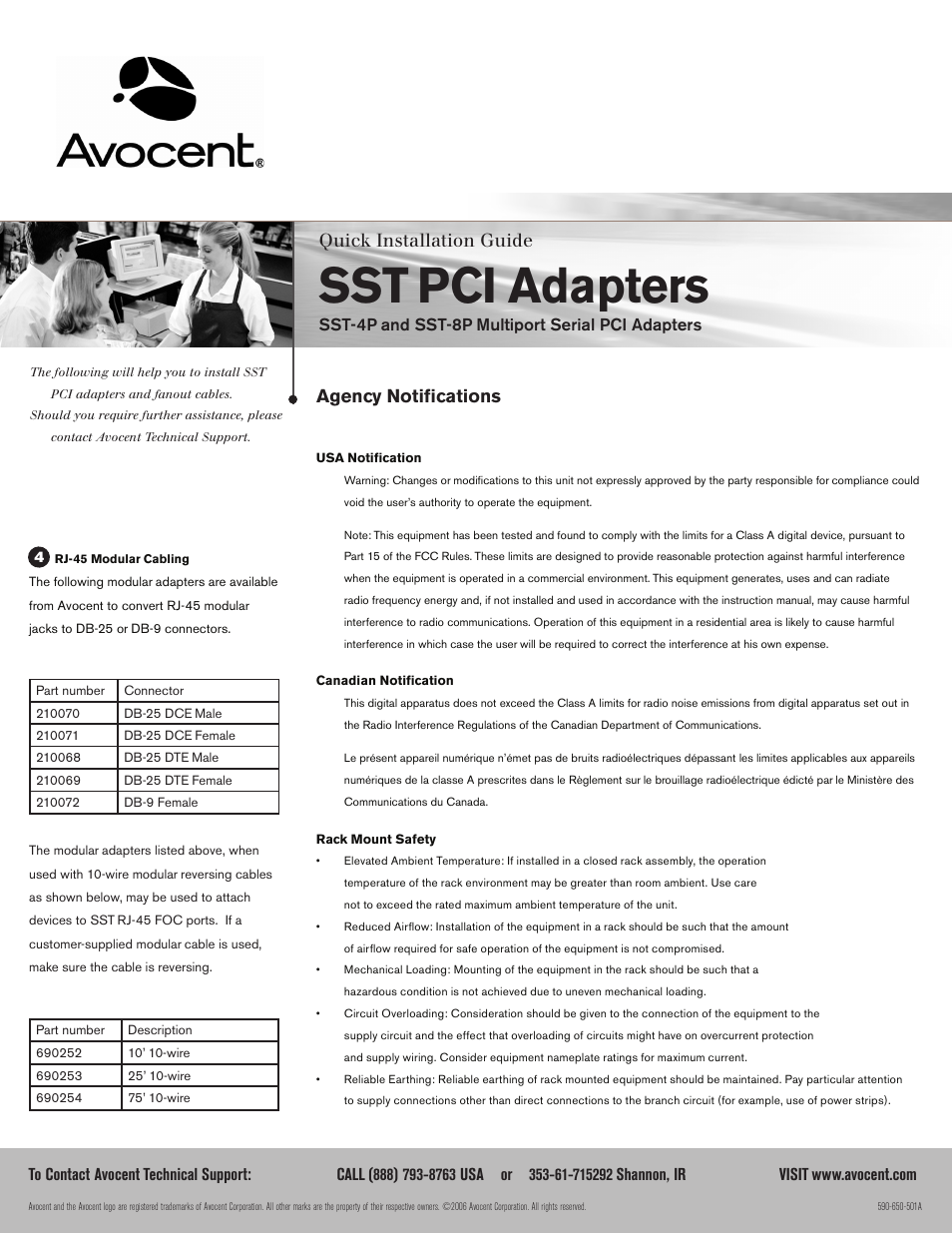 Sst pci adapters, Quick installation guide, Agency notifications | Sst-4p and sst-8p multiport serial pci adapters | Avocent Equinox Multiport SST-8P User Manual | Page 2 / 2