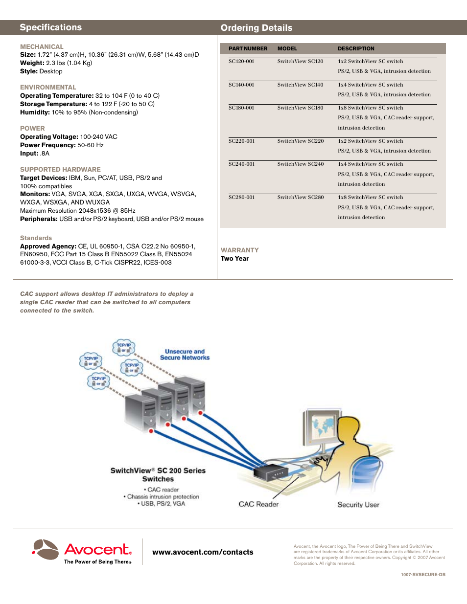 Specifications ordering details | Avocent SC100 User Manual | Page 2 / 2