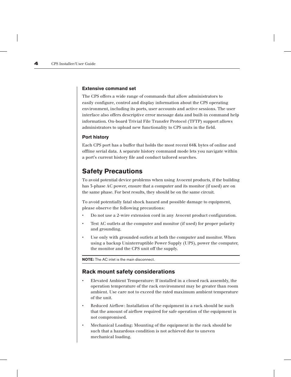 Safety precautions, Rack mount safety considerations | Avocent CPS1610 CPS User Manual | Page 10 / 98