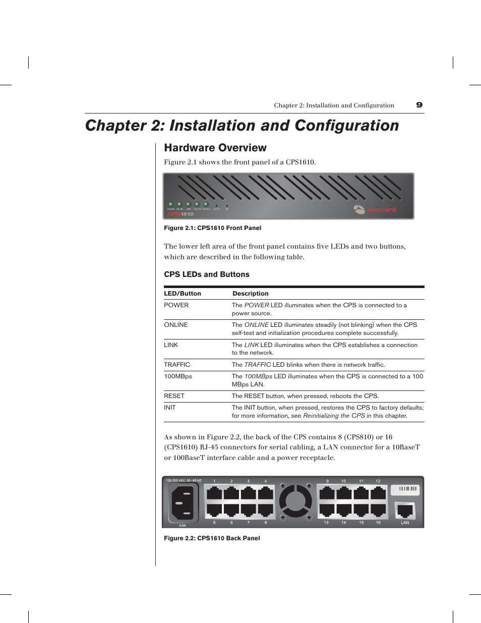 Chapter 2: installation and configuration, Hardware overview | Avocent CPS1610 CPS User Manual | Page 15 / 98