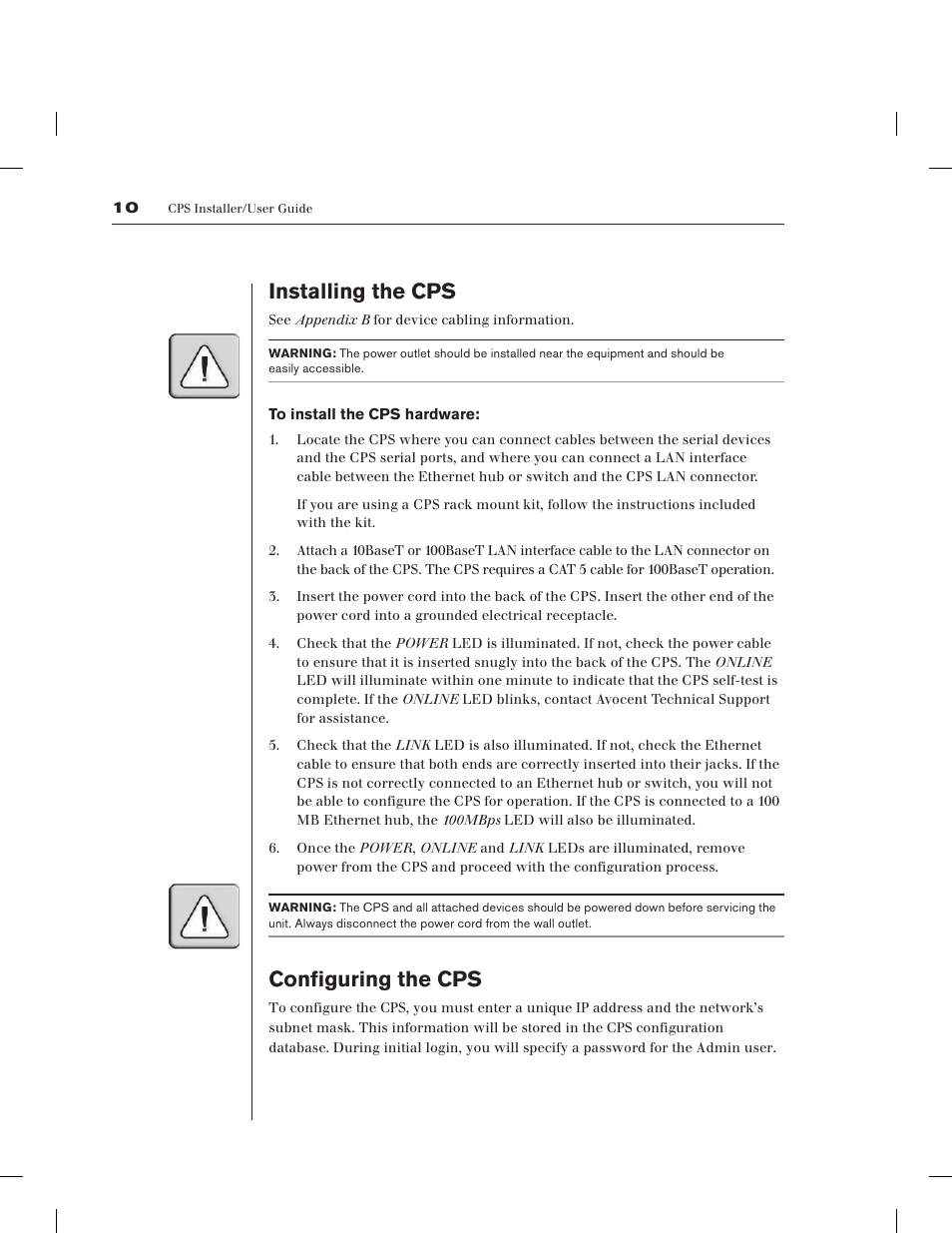 Installing the cps, Configuring the cps | Avocent CPS1610 CPS User Manual | Page 16 / 98