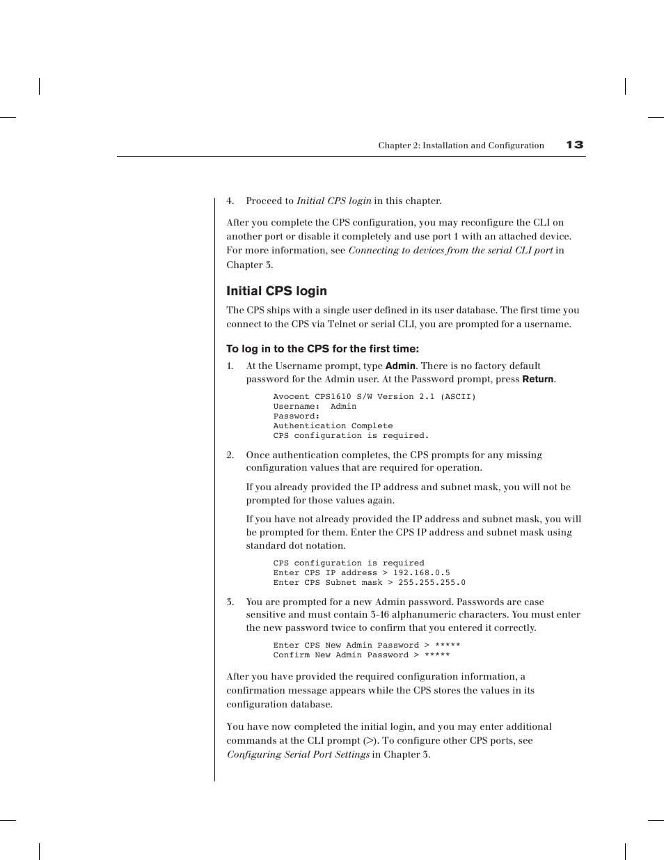 Initial cps login | Avocent CPS1610 CPS User Manual | Page 19 / 98