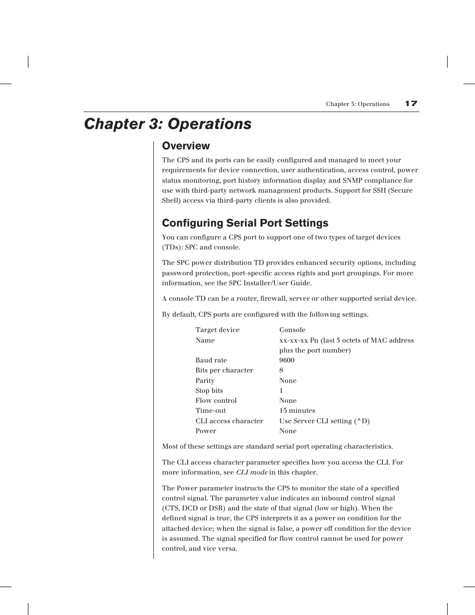 Chapter 3: operations, Overview, Configuring serial port settings | Avocent CPS1610 CPS User Manual | Page 23 / 98