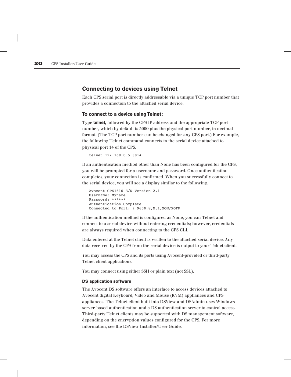 Connecting to devices using telnet | Avocent CPS1610 CPS User Manual | Page 26 / 98