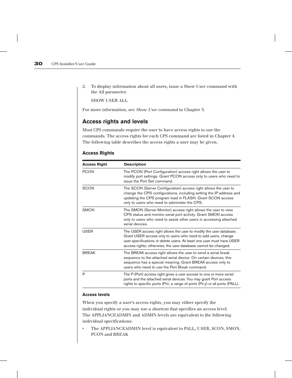 Access rights and levels | Avocent CPS1610 CPS User Manual | Page 36 / 98