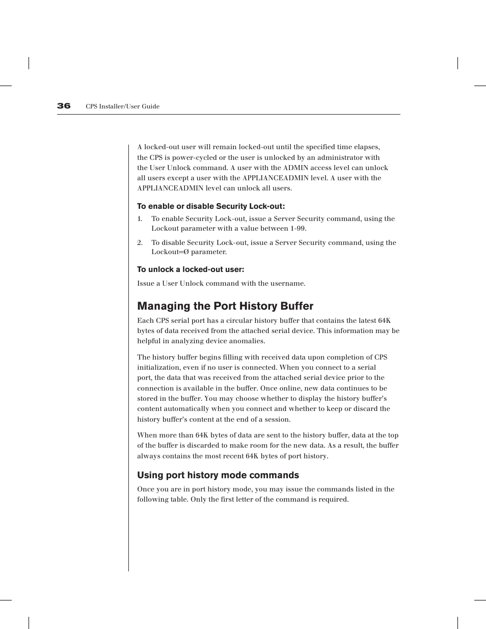 Managing the port history buffer, Using port history mode commands | Avocent CPS1610 CPS User Manual | Page 42 / 98
