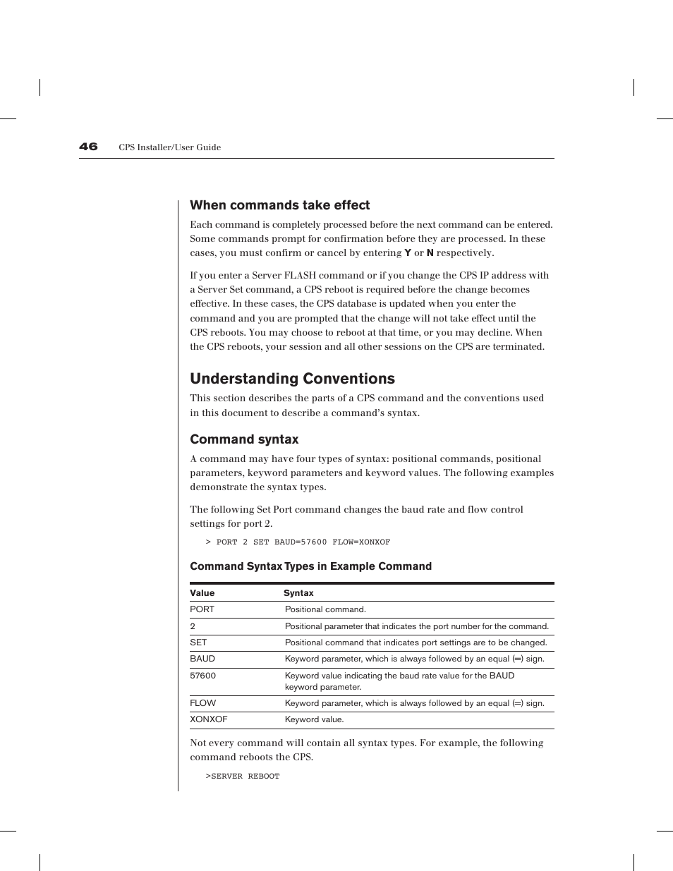 Understanding conventions, When commands take effect, Command syntax | Avocent CPS1610 CPS User Manual | Page 52 / 98