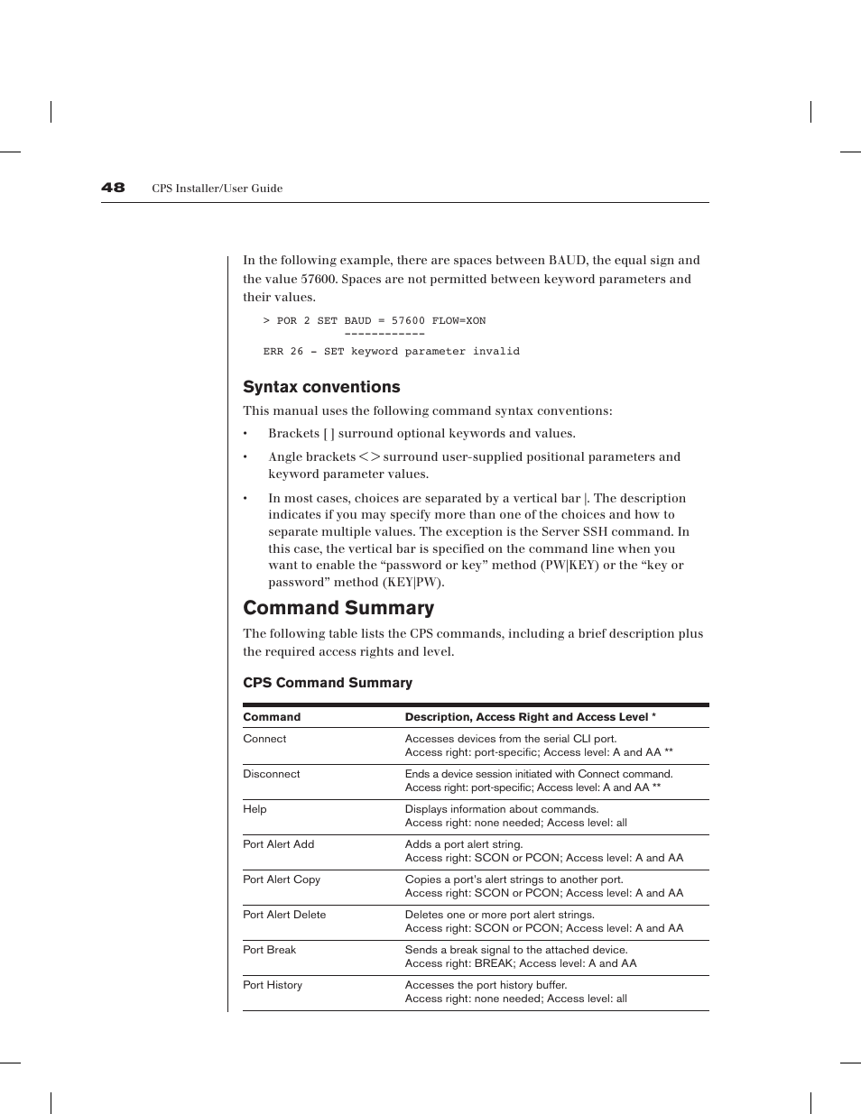 Command summary, Syntax conventions | Avocent CPS1610 CPS User Manual | Page 54 / 98