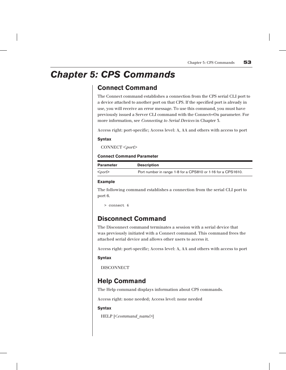 Chapter 5: cps commands, Connect command, Disconnect command | Help command | Avocent CPS1610 CPS User Manual | Page 59 / 98