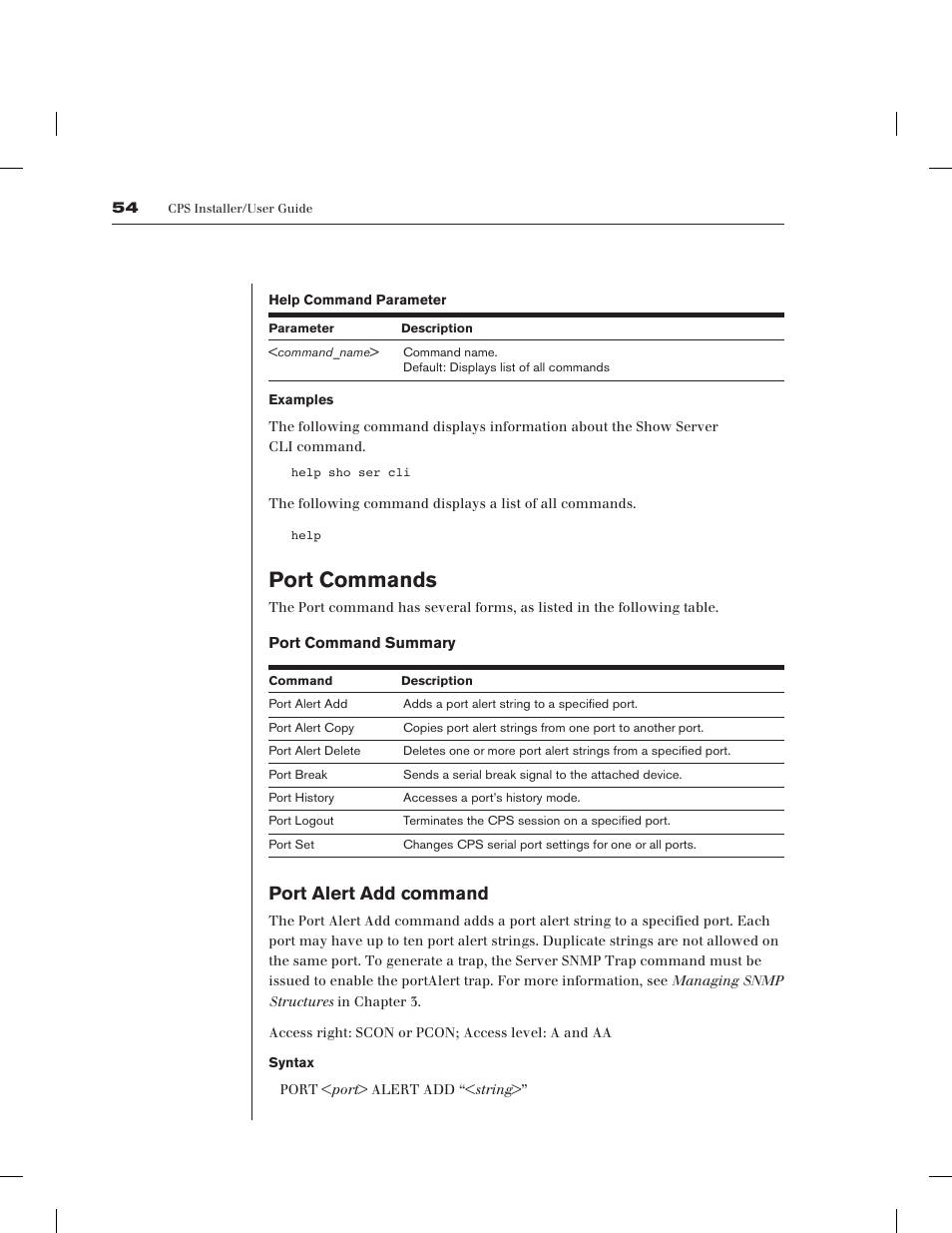 Port commands, Port alert add command | Avocent CPS1610 CPS User Manual | Page 60 / 98
