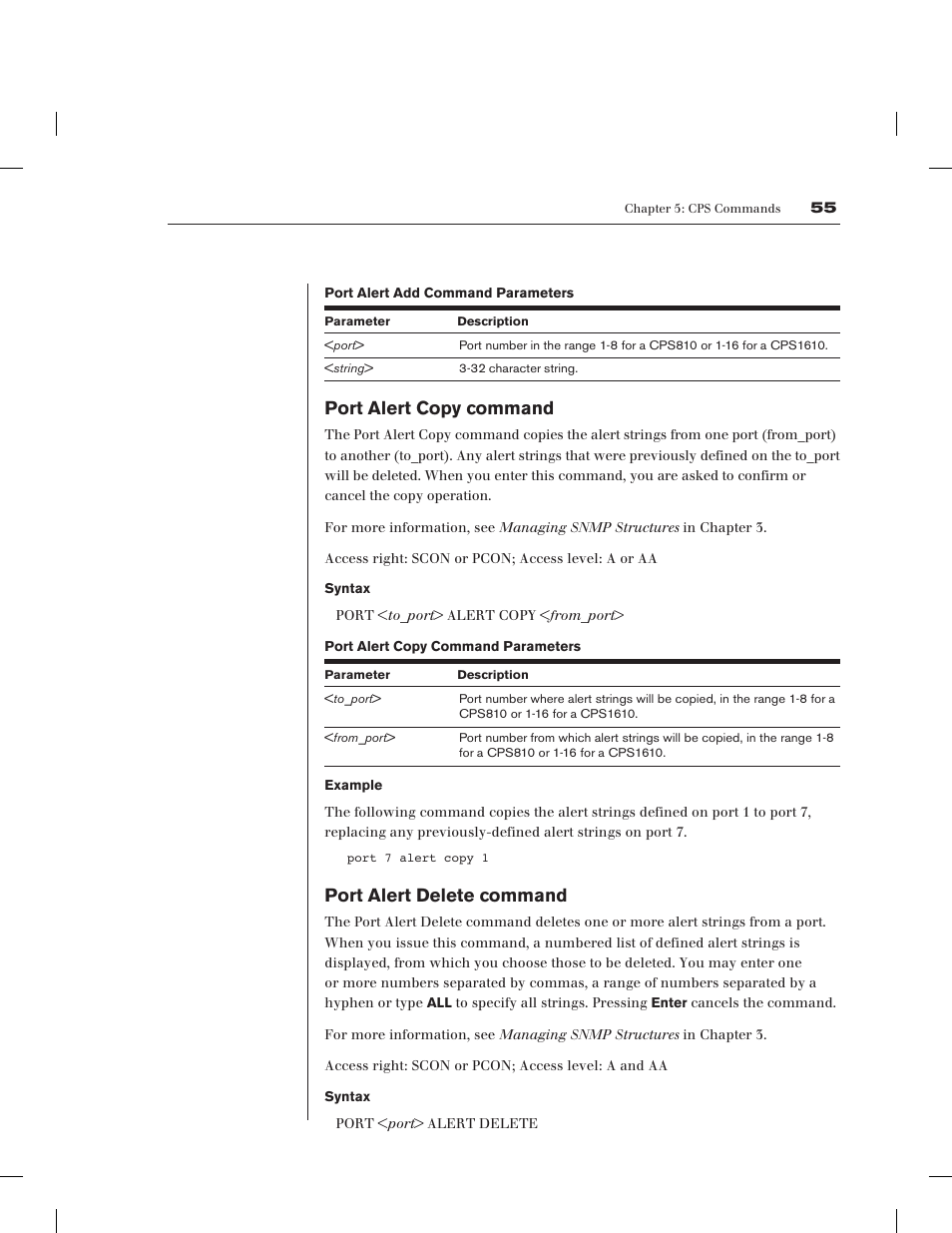 Port alert copy command, Port alert delete command | Avocent CPS1610 CPS User Manual | Page 61 / 98
