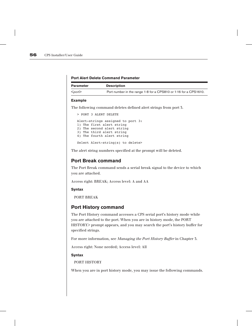 Port break command, Port history command | Avocent CPS1610 CPS User Manual | Page 62 / 98
