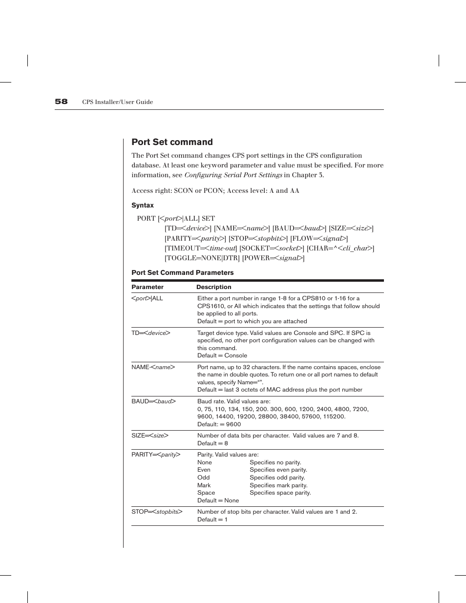 Port set command | Avocent CPS1610 CPS User Manual | Page 64 / 98