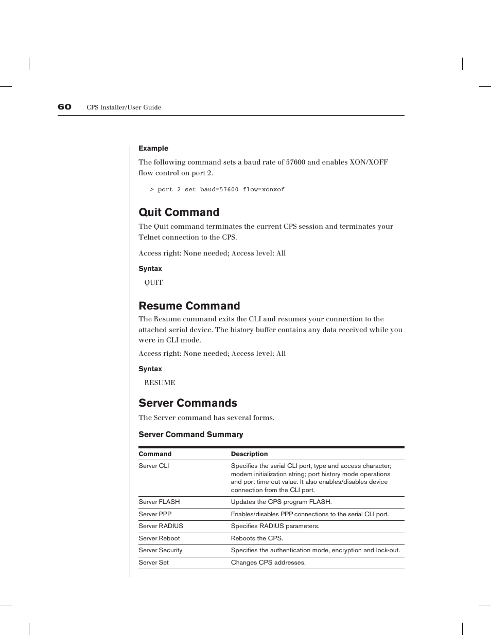 Quit command, Resume command, Server commands | Avocent CPS1610 CPS User Manual | Page 66 / 98