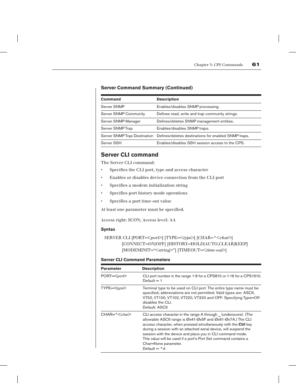 Server cli command | Avocent CPS1610 CPS User Manual | Page 67 / 98