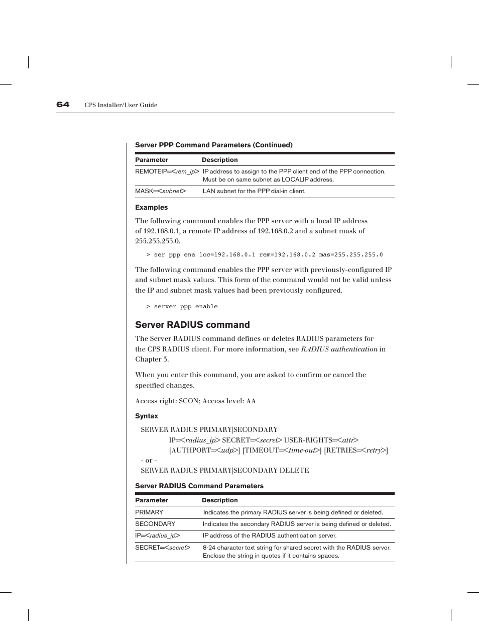 Server radius command | Avocent CPS1610 CPS User Manual | Page 70 / 98