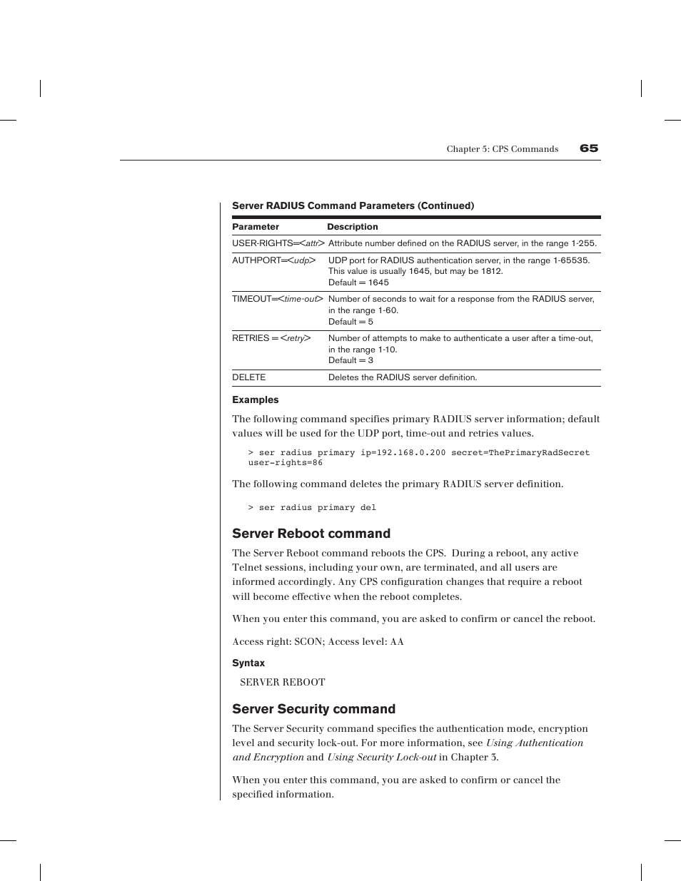 Server reboot command, Server security command | Avocent CPS1610 CPS User Manual | Page 71 / 98