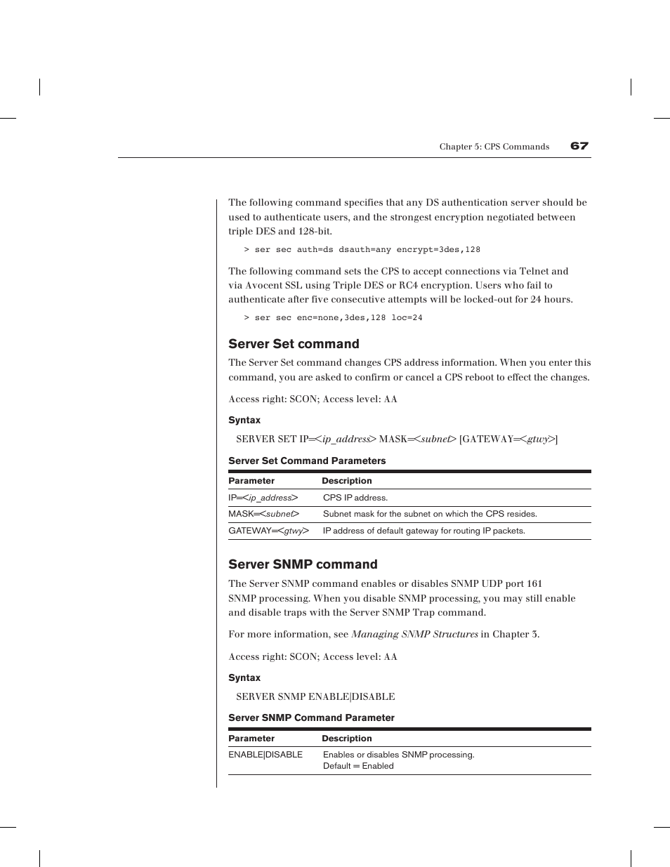 Server set command, Server snmp command | Avocent CPS1610 CPS User Manual | Page 73 / 98