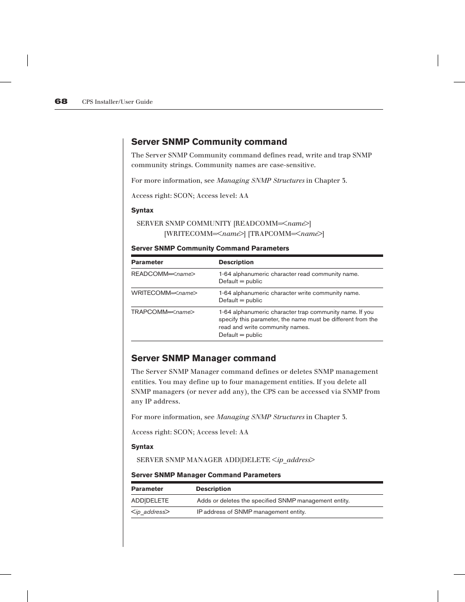 Server snmp community command, Server snmp manager command | Avocent CPS1610 CPS User Manual | Page 74 / 98