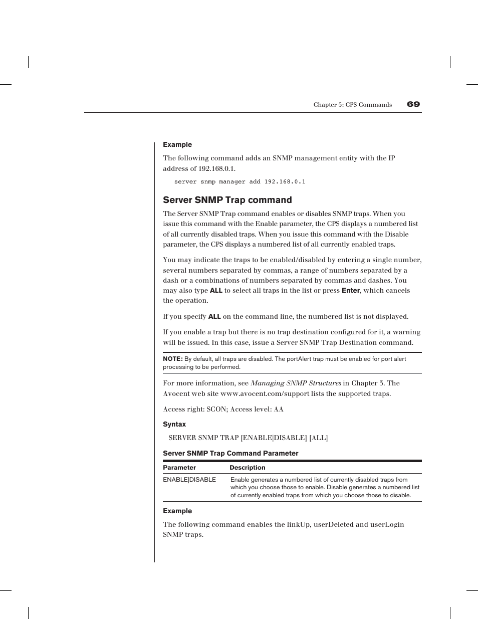 Server snmp trap command | Avocent CPS1610 CPS User Manual | Page 75 / 98