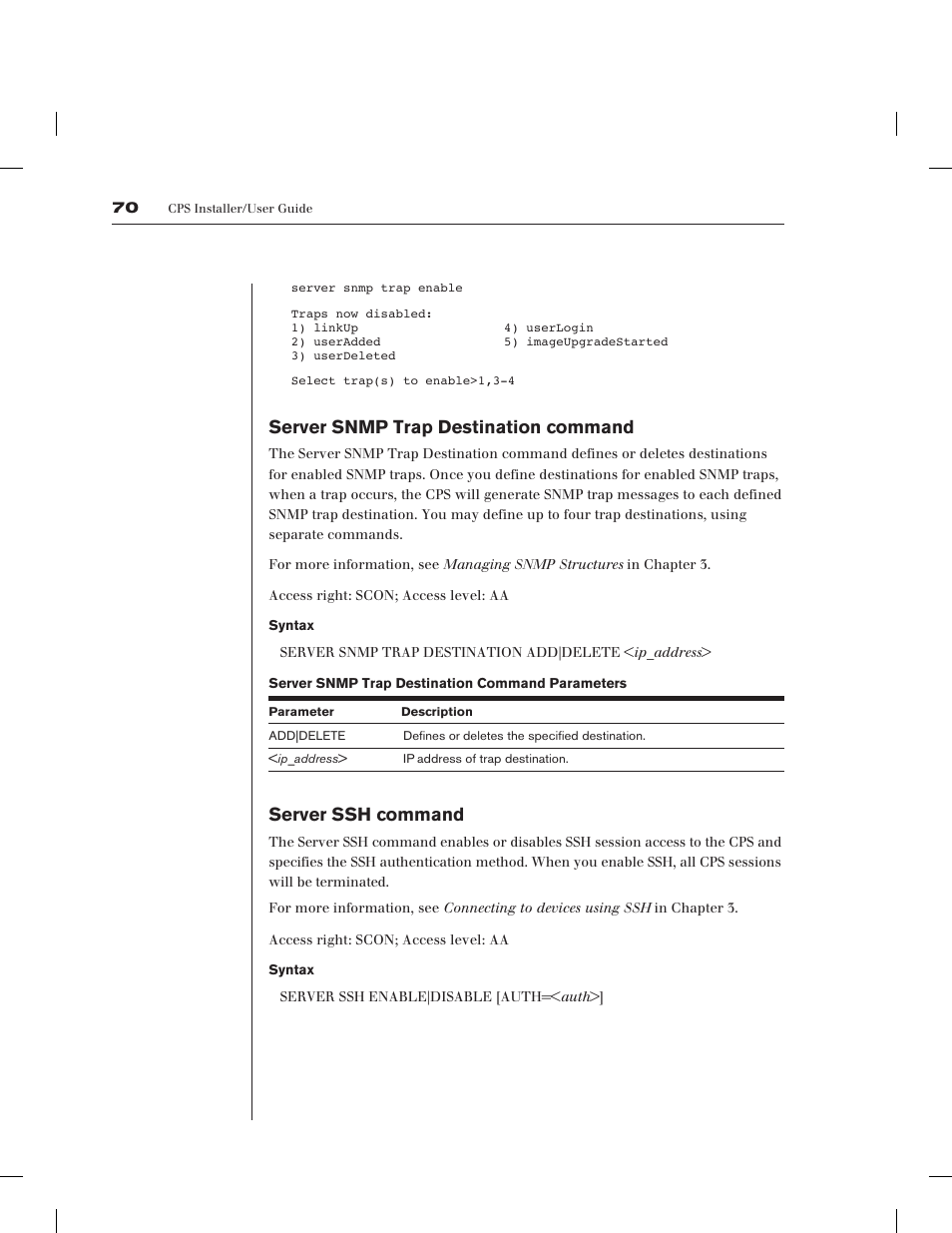 Server snmp trap destination command, Server ssh command | Avocent CPS1610 CPS User Manual | Page 76 / 98