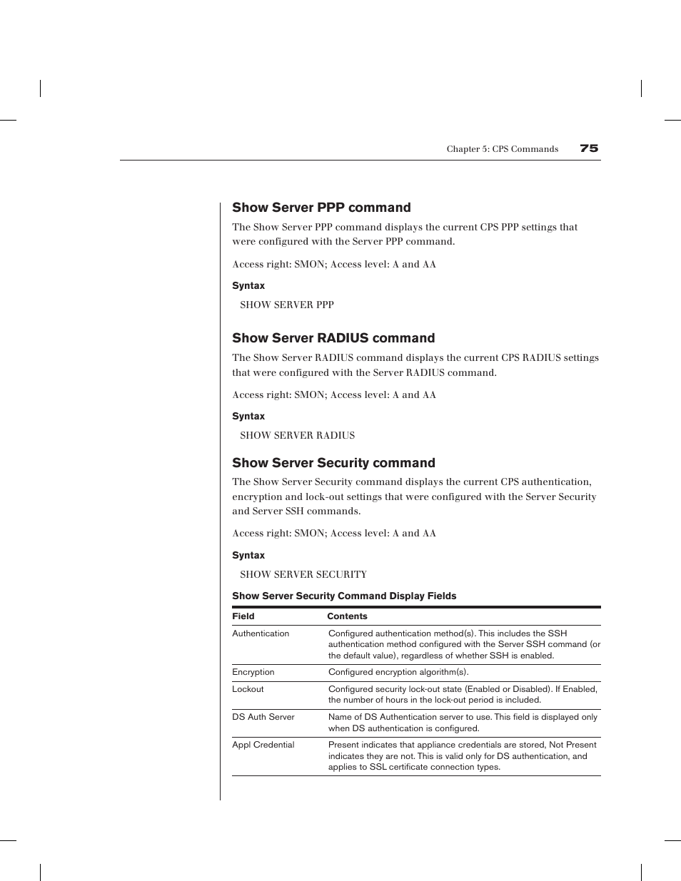 Show server ppp command, Show server radius command, Show server security command | Avocent CPS1610 CPS User Manual | Page 81 / 98