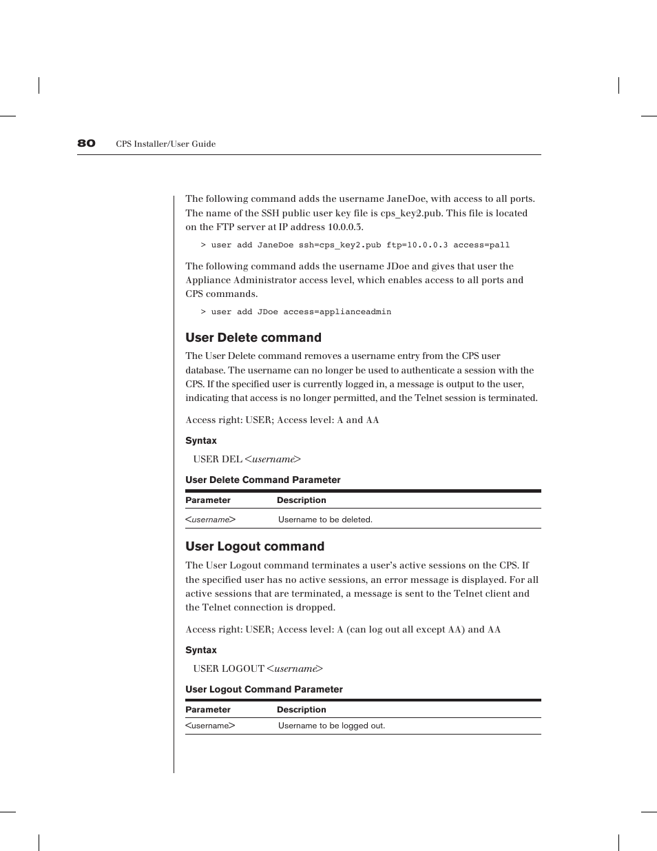 User delete command, User logout command | Avocent CPS1610 CPS User Manual | Page 86 / 98