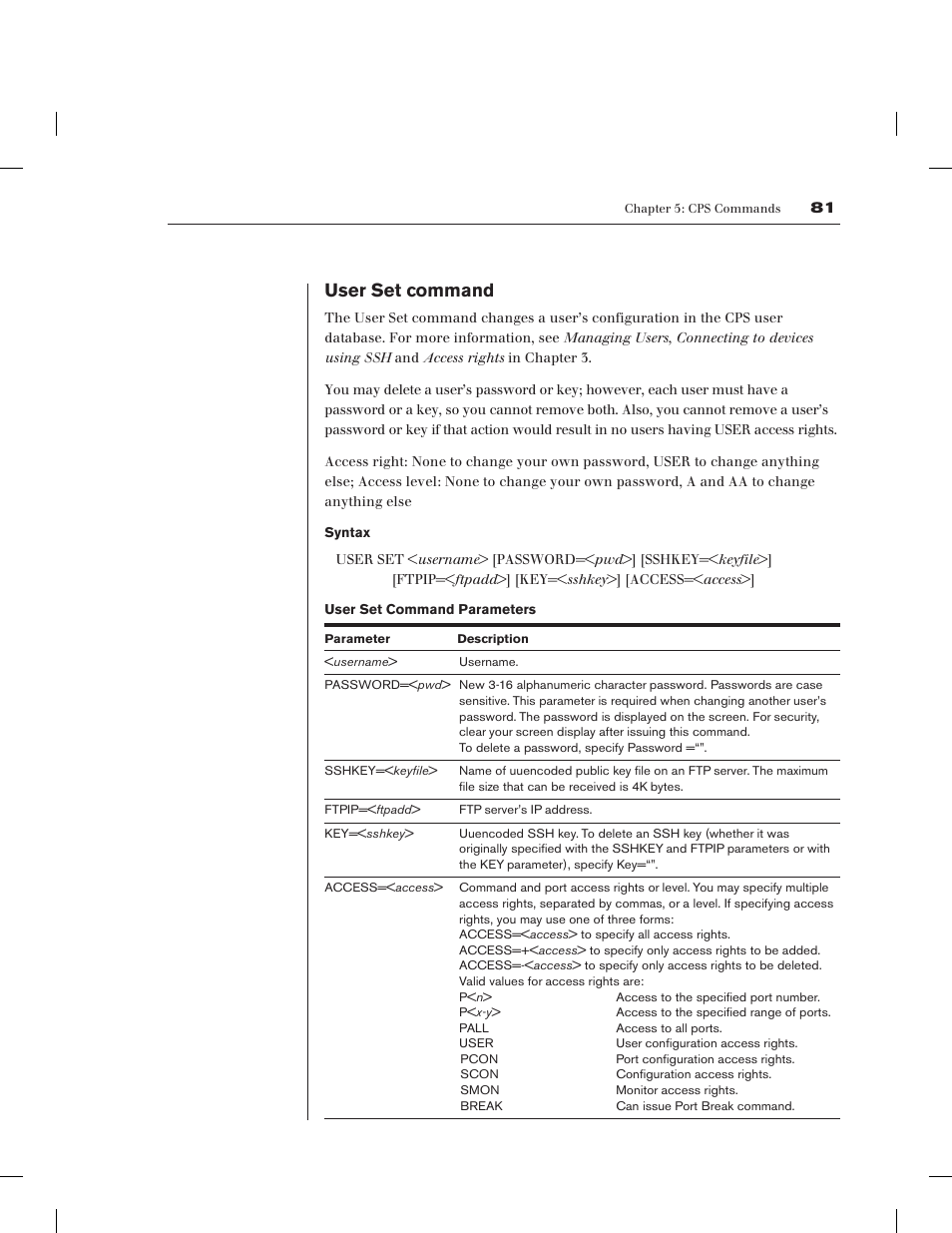 User set command | Avocent CPS1610 CPS User Manual | Page 87 / 98