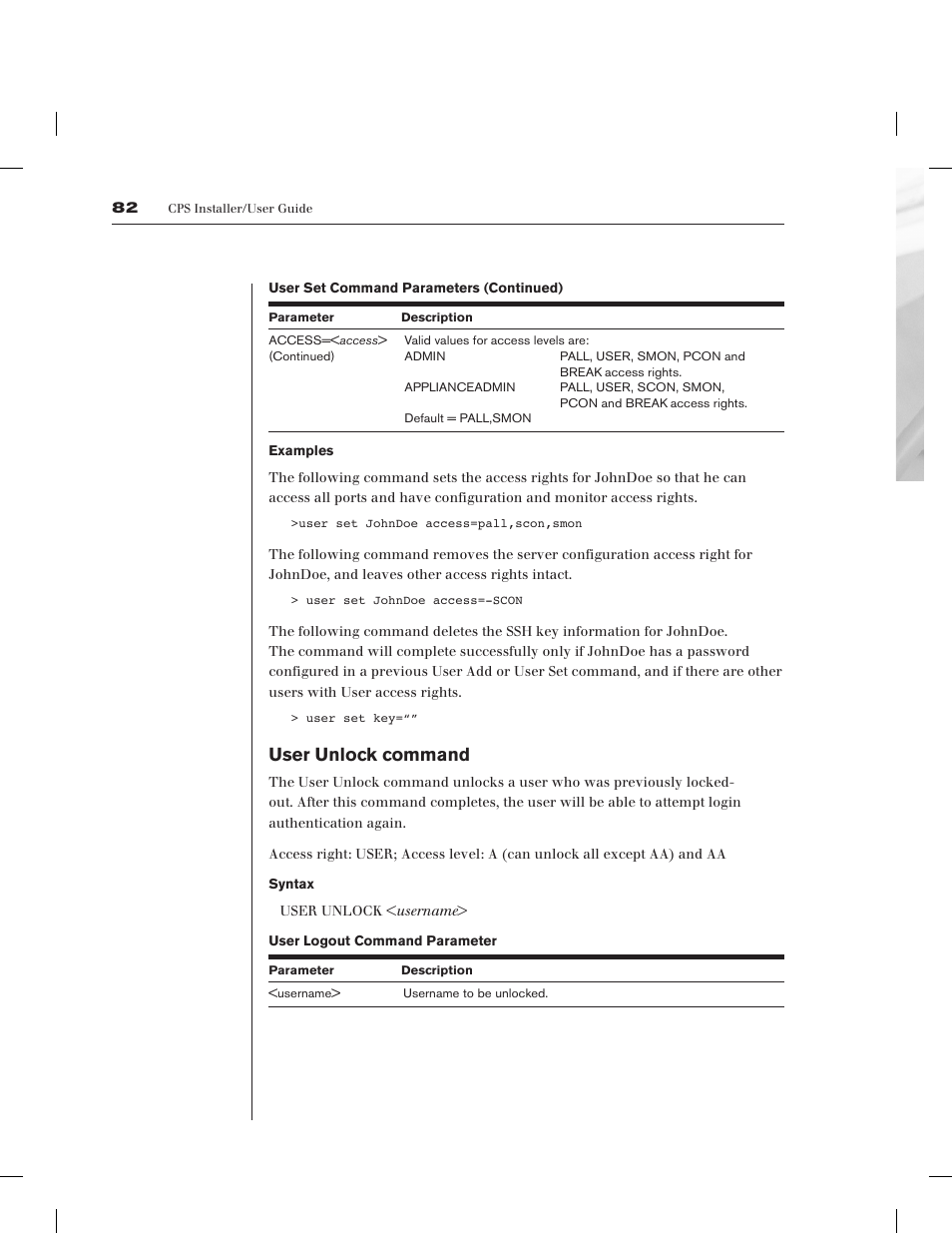 User unlock command | Avocent CPS1610 CPS User Manual | Page 88 / 98