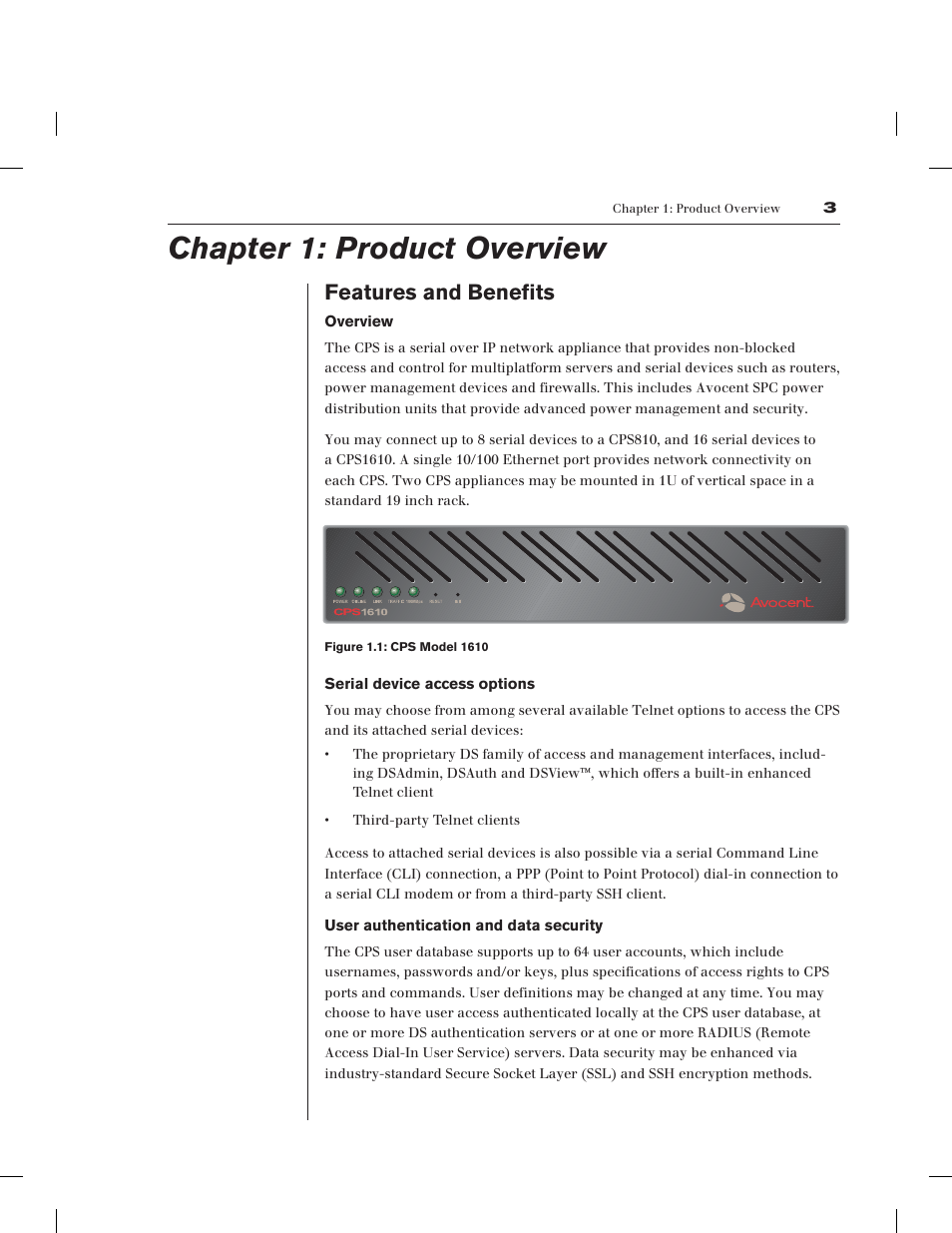 Chapter 1: product overview, Features and benefits | Avocent CPS1610 CPS User Manual | Page 9 / 98