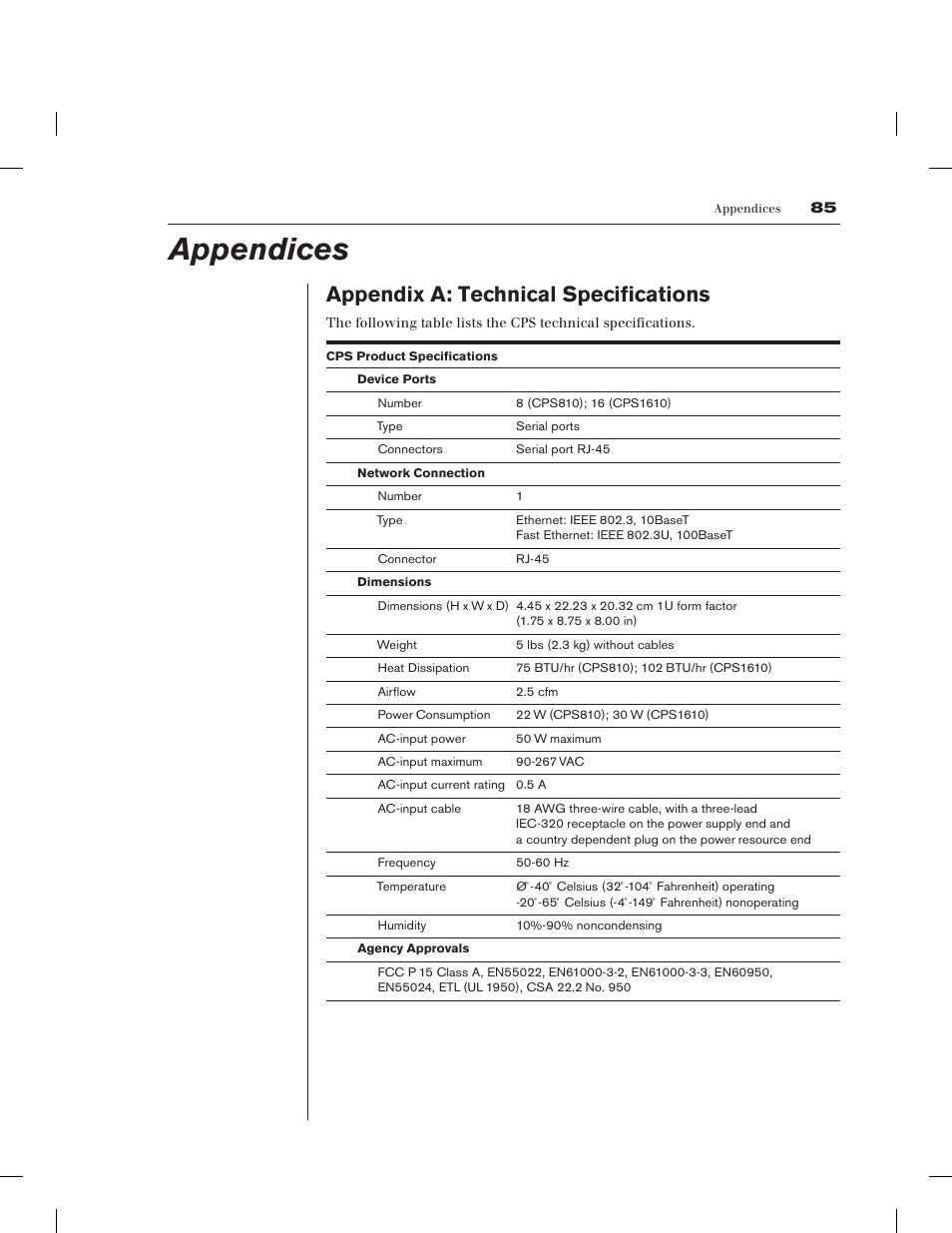 Appendices, Appendix a: technical specifications | Avocent CPS1610 CPS User Manual | Page 91 / 98