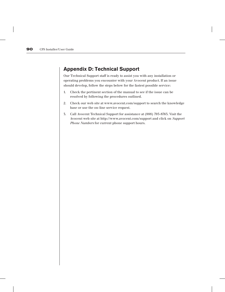 Appendix d: technical support | Avocent CPS1610 CPS User Manual | Page 96 / 98