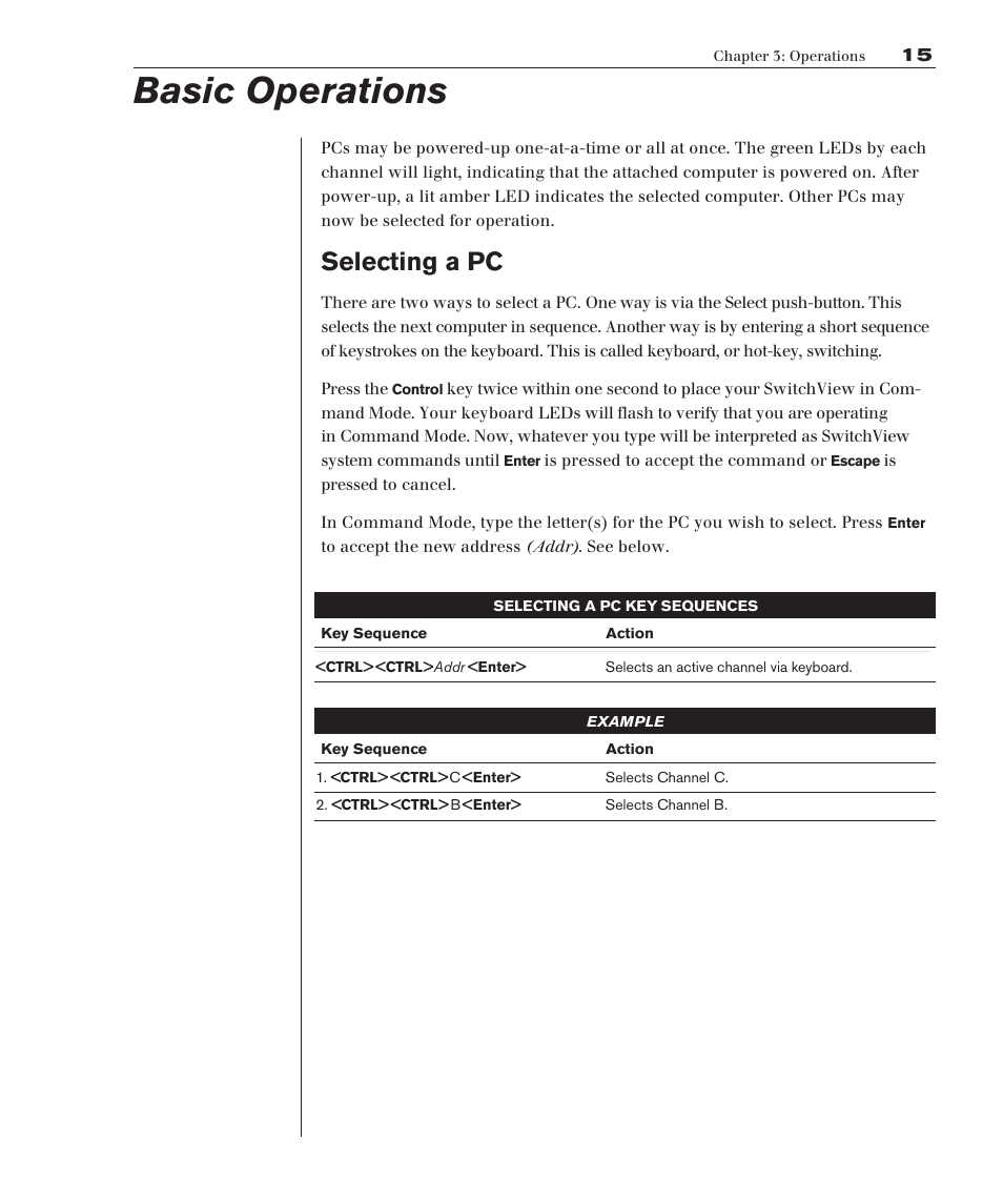 Basic operations, Selecting a pc | Avocent Eletric Keyboard User Manual | Page 21 / 34