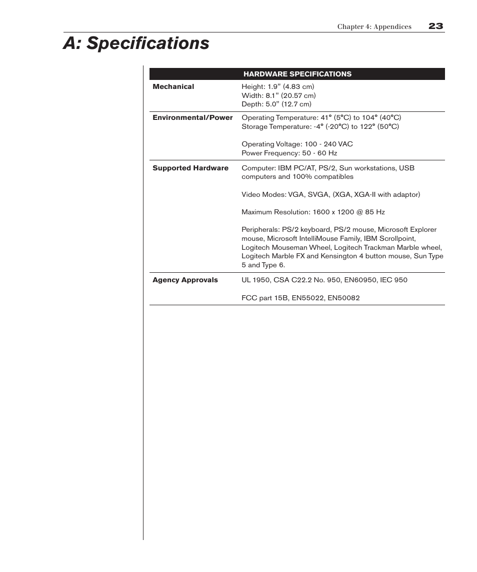 A: specifications | Avocent Eletric Keyboard User Manual | Page 29 / 34