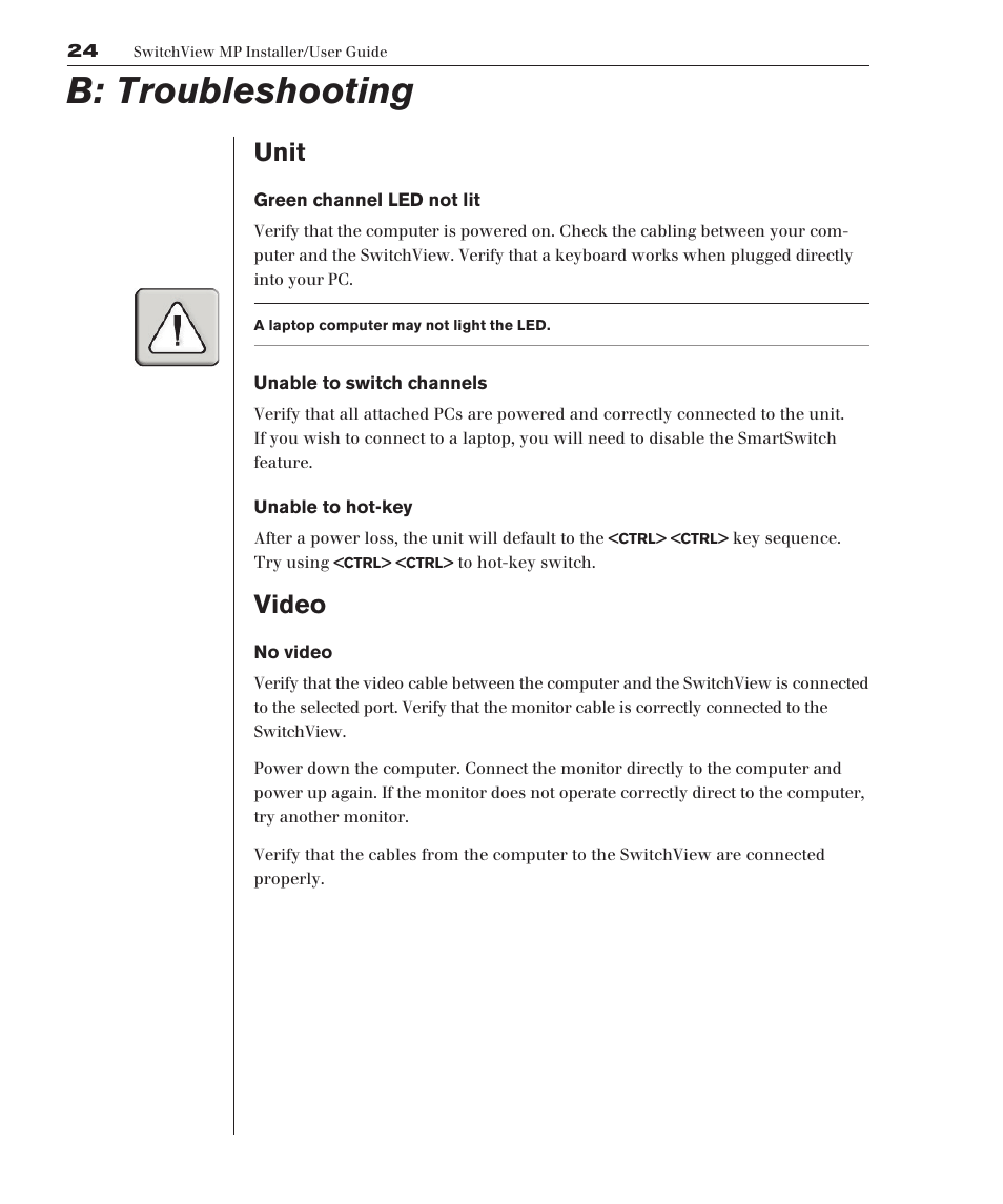B: troubleshooting, Unit, Video | Avocent Eletric Keyboard User Manual | Page 30 / 34