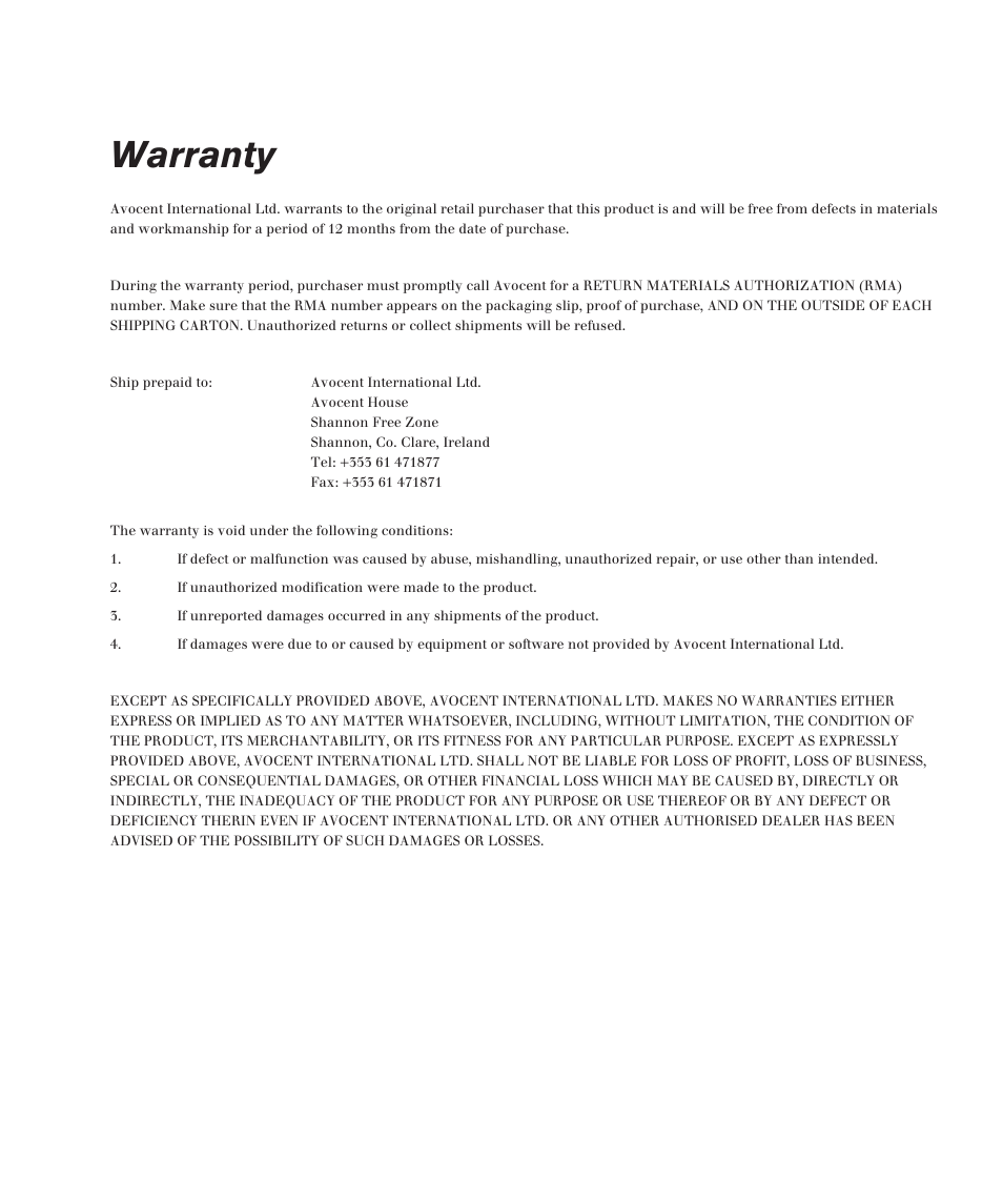 Warranty | Avocent Eletric Keyboard User Manual | Page 33 / 34