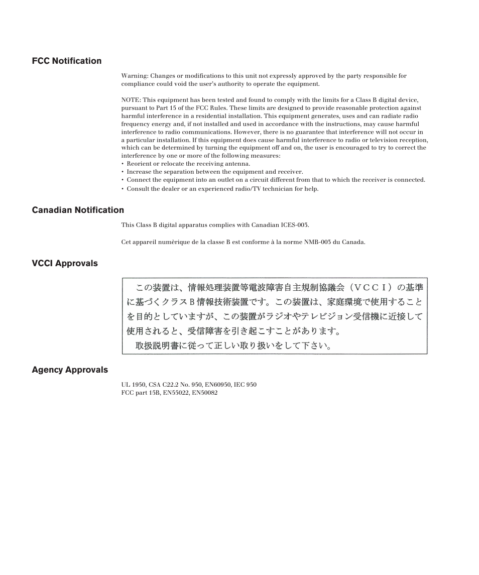 Fcc notification, Canadian notification, Vcci approvals agency approvals | Avocent Eletric Keyboard User Manual | Page 4 / 34
