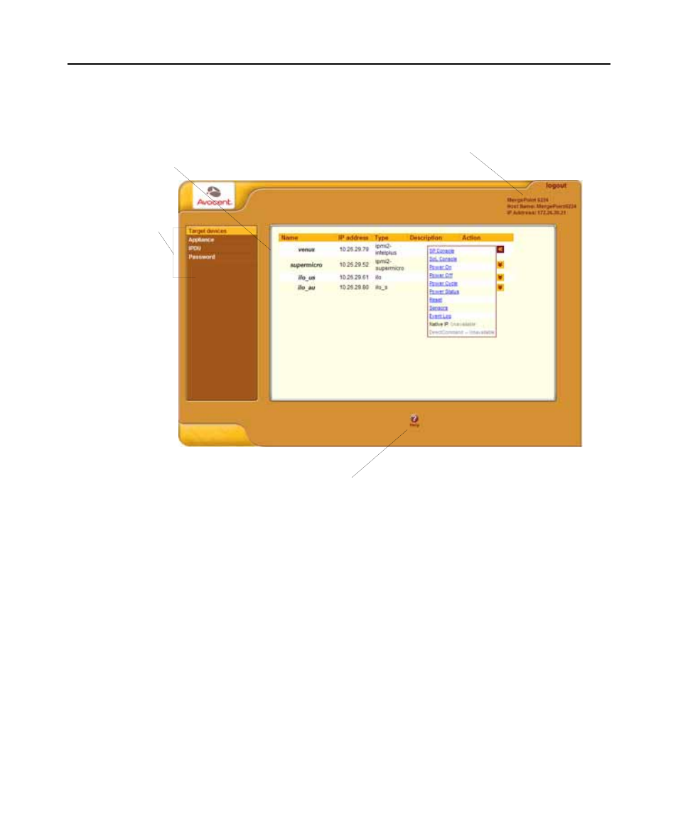 Features of regular users’ windows, Using the target devices screen, Figure 3.2: user options on the web manager | Avocent 5240 User Manual | Page 51 / 88