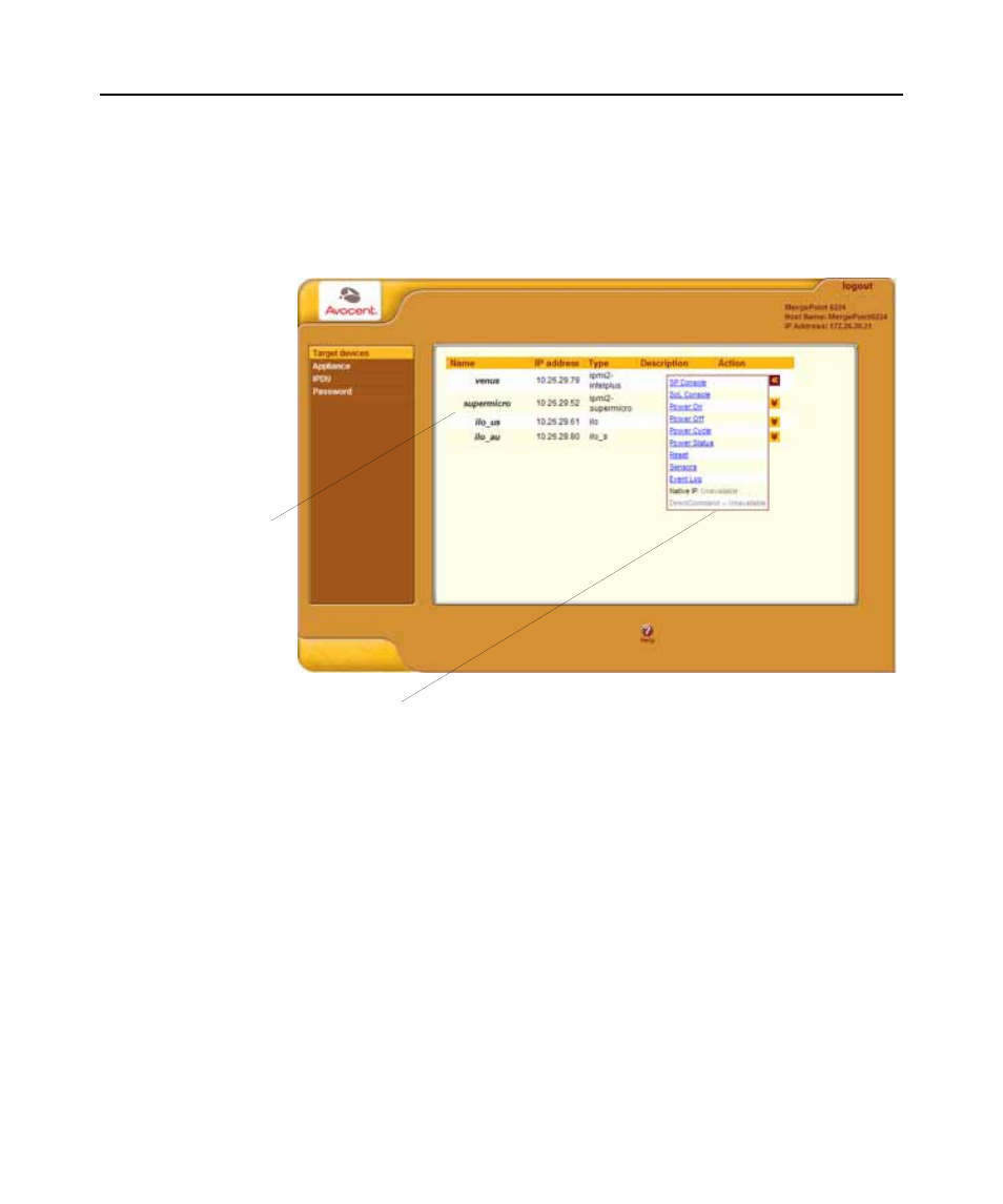 Accessing a service processor’s console, To connect to an sp’s console (web manager), Figure 3.3: target devices web manager screen | Avocent 5240 User Manual | Page 52 / 88