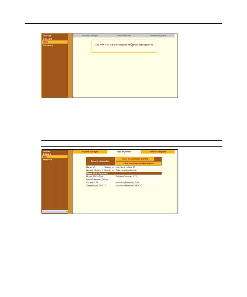 Figure 3.13: aux port not configured error message, Figure 3.14: ipdu tabs | Avocent 5240 User Manual | Page 65 / 88