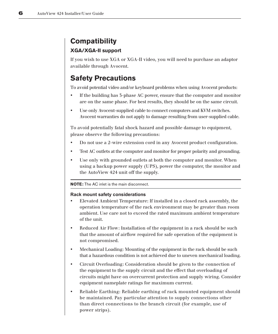 Compatibility, Safety precautions | Avocent 416 User Manual | Page 12 / 56