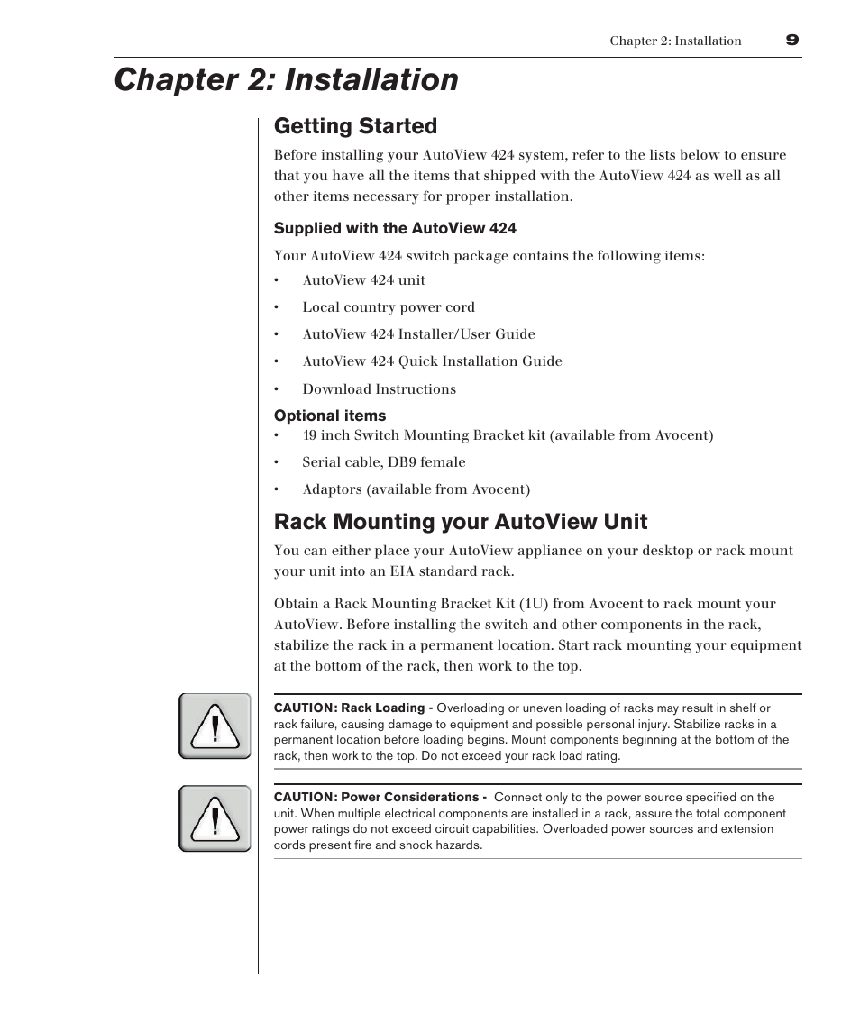 Chapter 2: installation, Getting started, Rack mounting your autoview unit | Avocent 416 User Manual | Page 15 / 56